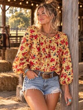 Anthropologie 9-H15 STCL Yellow Floral Button Front Boho Blouse Size 4